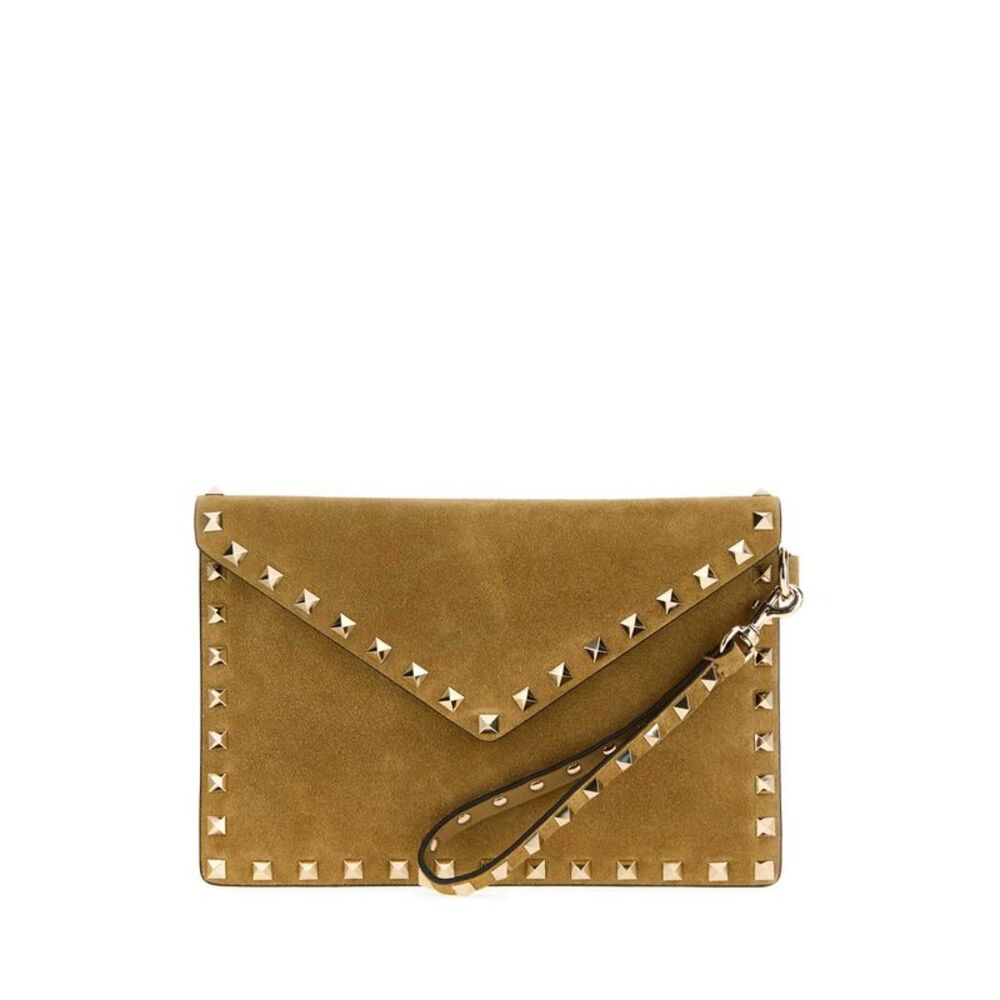 Valentino Garavani Women Camel Suede Rockstud Clutch